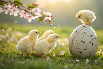 Cute fluffy chicks gathered around a speckled egg in a sunny spring meadow with blooming branches symbolizing Easter and new beginning