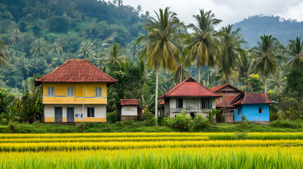 Obraz premium Scenic Village View Featuring Colorful Houses Nestled Amidst Lush Rice Fields and Verdant Tropical Landscape on a Bright Sunny Day
