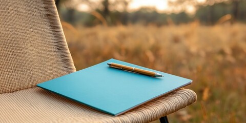 humanitarian aid planning, a canvas chair in an outdoor field station holds a blue clipboard with a world refugee day action plan checklist and a pen