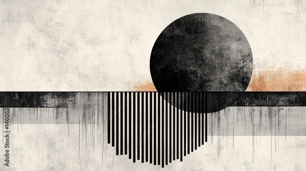 Poster abstract composition featuring a textured black circle intersecting with lines on a neutral backdrop
