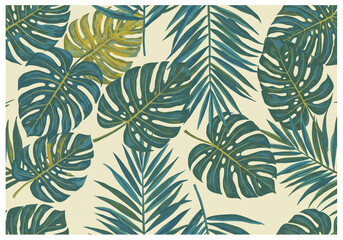 Teal and Gold Tropical Leaves Seamless Pattern on Off White Background