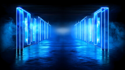 Neon Blue Light Tunnel With Reflective Floor