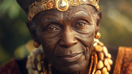 Obraz premium Elderly African Woman Wearing Traditional Jewelry and Headdress with Soft Smile