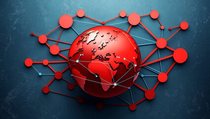 Red globe with digital network connections on textured background