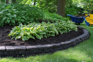 A landscaped garden bed with hostas and a stone border near a blue wheelbarrow on green grass
