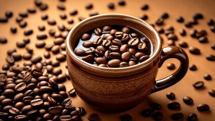 Fototapeta premium Rustic brown ceramic mug with floating coffee beans