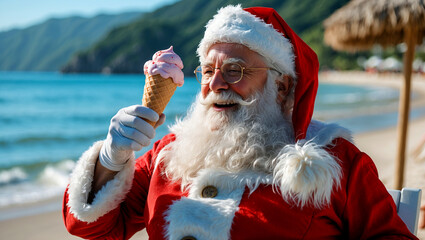 Santa claus savoring ice cream by tropical beach