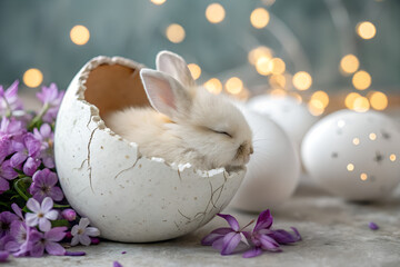 Adorable baby bunny sleeping inside a cracked Easter egg surrounded by spring flowers and bokeh lights festive holiday concept