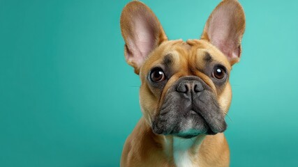 Close-up of a fawn-colored French Bulldog puppy against a turquoise background.