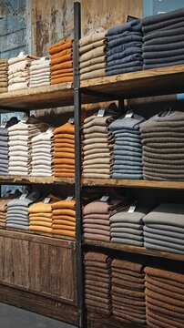 Neatly stacked colorful knitwear sweaters and pullovers on rustic wooden shelves display showcases fashion textiles and apparel