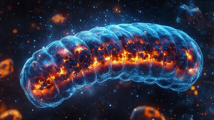 Glowing Microbe Organism with Cellular Structure and Blue Outer Membrane