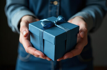 A man holds a blue gift box in his hands, a box in close-up