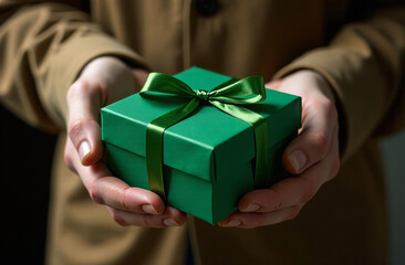 A man holds a gift box with a bow, a green box in close-up