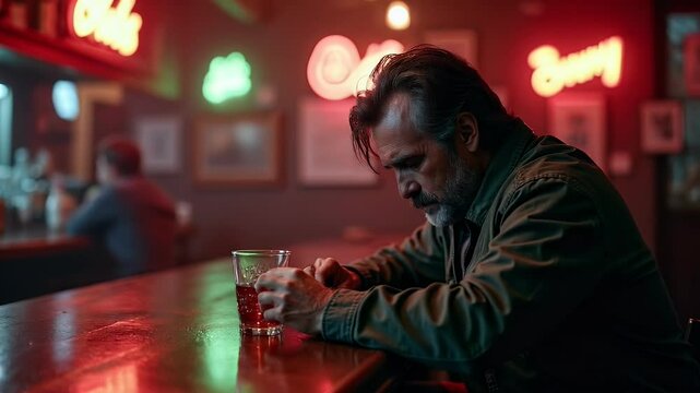 Depressed pensive drunk mature man drinking glass of whiskey on bar counter. Alcohol addiction, unhealthy way of dealing with emotional pain and distress, loss and grief, burying emotions