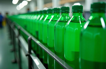 plastic green bottles on a conveyor belt at the factory