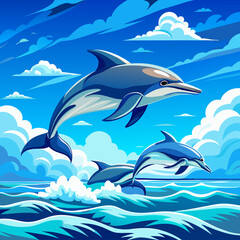 Fototapeta premium Colorful Dolphin Ocean Scene with Moonlit Sky for Fantasy Art and Design.