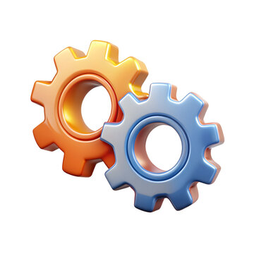 3d two gear wheels isolated on transparent background. Cartoon plastic style icon