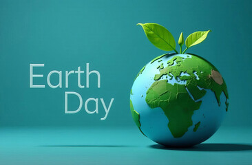 The inscription "EARTH DAY" next to the globe, from which green leaves grow, symbolizing concern for the environment on a blue background