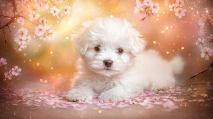 Adorable Bichon Frise Puppy Surrounded by Glowing Cherry Blossoms in a Grove