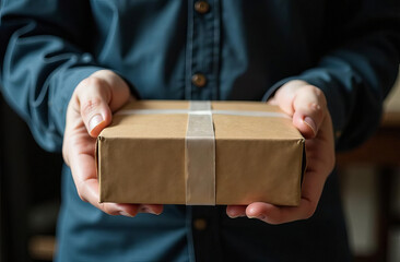 In the courier's hands is a small package, a box in close-up