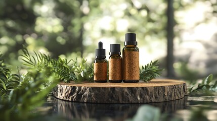 Fototapeta premium Two bottles of essential oils on a tree stump displaying hybrid cork-stone eco-friendly design for natural beauty