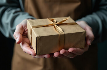 The man is holding a small gift box, a cardboard box in close-up