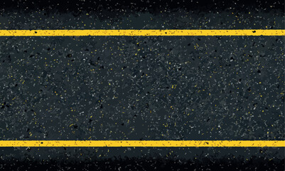 Asphalt road with yellow stripes, concrete highway surface, texture. Blacktop texture. Asphalt road blacktop background. Rough road black surface. Black texture of wet asphalt on the road.