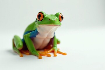 Fototapeta premium Green tree frog perched on white, vibrant skin, image, frog, green frog