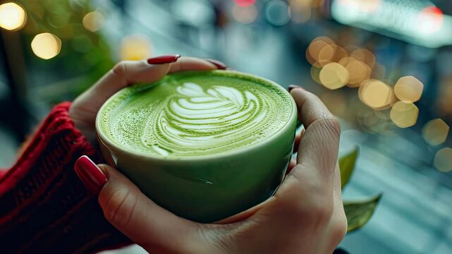 a cup of matcha in his hands. Selective focus