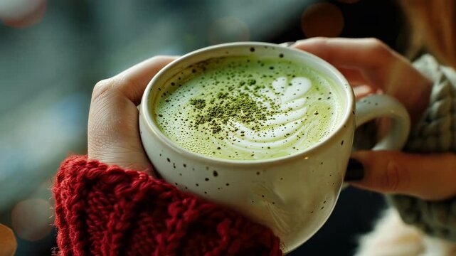 a cup of matcha in his hands. Selective focus