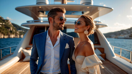Stylish couple relaxing on a luxury yacht