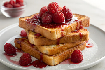 Stack of fresh French toast with raspberries and syrup delicious breakfast or brunch food served on a plate