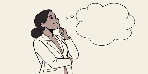 Dreamy interested young adult indian businesswoman in white formal suit wear thinking and pointing finger away at copy space. Girl smiling and standing isolated on background dreaming choosing