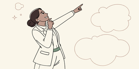 Dreamy interested young adult indian businesswoman in white formal suit wear thinking and pointing finger away at copy space. Girl smiling and standing isolated on background dreaming choosing