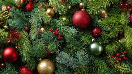 Festive close-up of evergreen branches with vibrant ornaments and red berries.