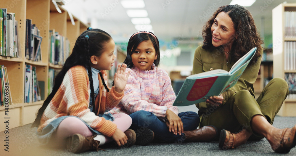 Poster girl, teacher and teaching with reading book at library for development, learning or study with guid