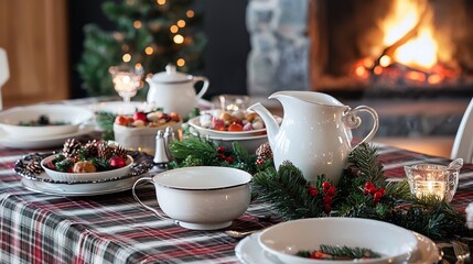 Rustic farmhouse Christmas dinner setup plaid tablecloth elegant white dishes homemade festive dishes and cozy fireplace in the background
