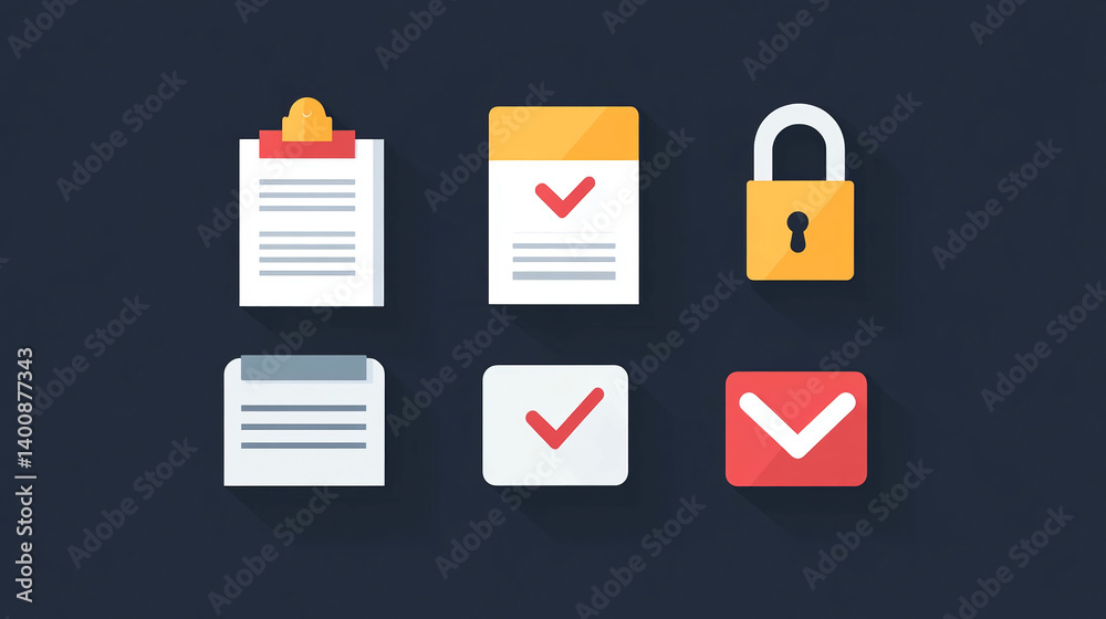 Poster flat design vector icons for business management and productivity tasks checklist security and email