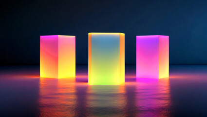Three illuminated minimalist podiums with colorful gradients