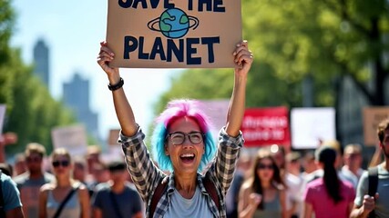 Young female activist holding sign reading "save the planet" while marching with diverse crowd at a peaceful climate change protest, people advocating for environmental protection and sustainability
