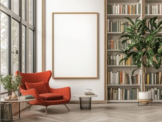 Fototapeta premium Modern Cozy Reading Nook with Large Blank Poster