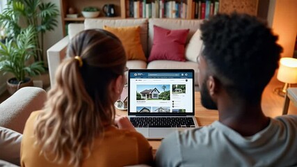 Young multiethnic couple sitting on sofa in living room, browsing real estate listings on laptop, choosing dream home, planning to buy new house. Woman pointing at website on laptop screen - Powered by Adobe