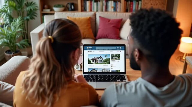 Young multiethnic couple sitting on sofa in living room, browsing real estate listings on laptop, choosing dream home, planning to buy new house. Woman pointing at website on laptop screen - Powered by Adobe