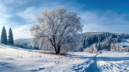 Obraz premium A snowy tree stands in a winter landscape on a cold day.