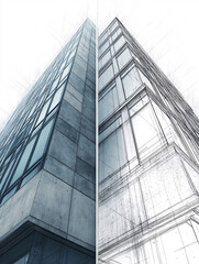 Fototapeta premium Architectural visualization showing building transformation from sketch to realistic 3D rendering