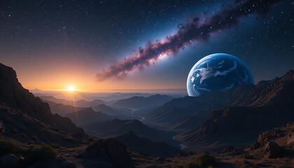 alien planet and space with sun, HD, and 4k image