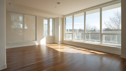 Obraz premium Bright, empty room with hardwood floors, large windows and a modern minimalist style.