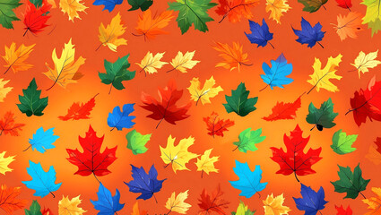 Vibrant autumn leaves pattern on bright orange background