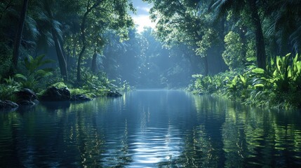 Fototapeta premium tranquil water amidst lush greenery a serene river winding through a vibrant tropical forest creating a peaceful and captivating nature scene