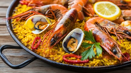 Saffron rice paella with shrimp, mussels, and lemon